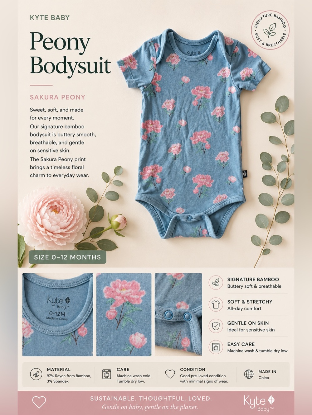 Kyte Baby Peony Dusty Blue Bamboo Bodysuit Onesie 6–12M Floral